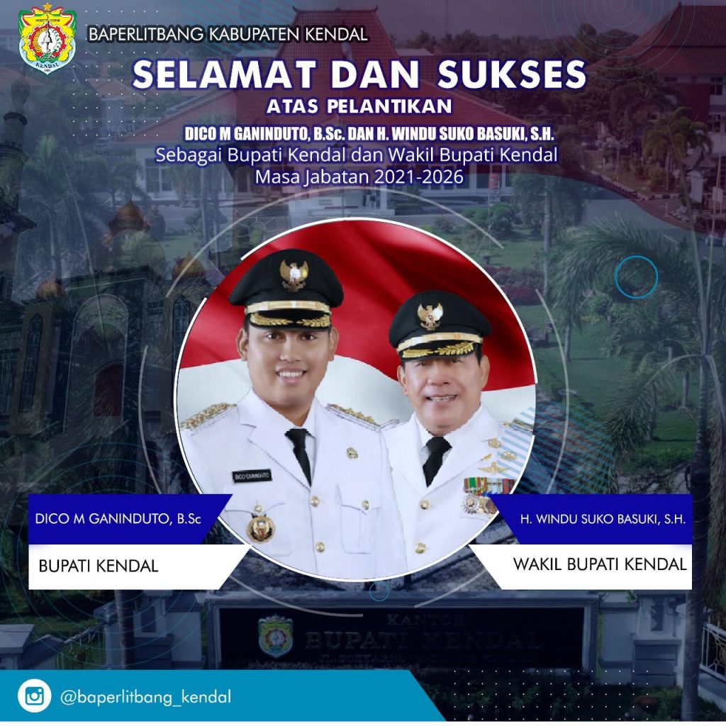 Baperlitbang Kabupaten Kendal Mengucapkan Selamat dan Sukses Atas Dilantiknya Dico M. Ganindito, B.Sc sebagai Bupati Kendal dan H. Windu Suko Basuki, SH sebagai Wakil Bupati Kendal
